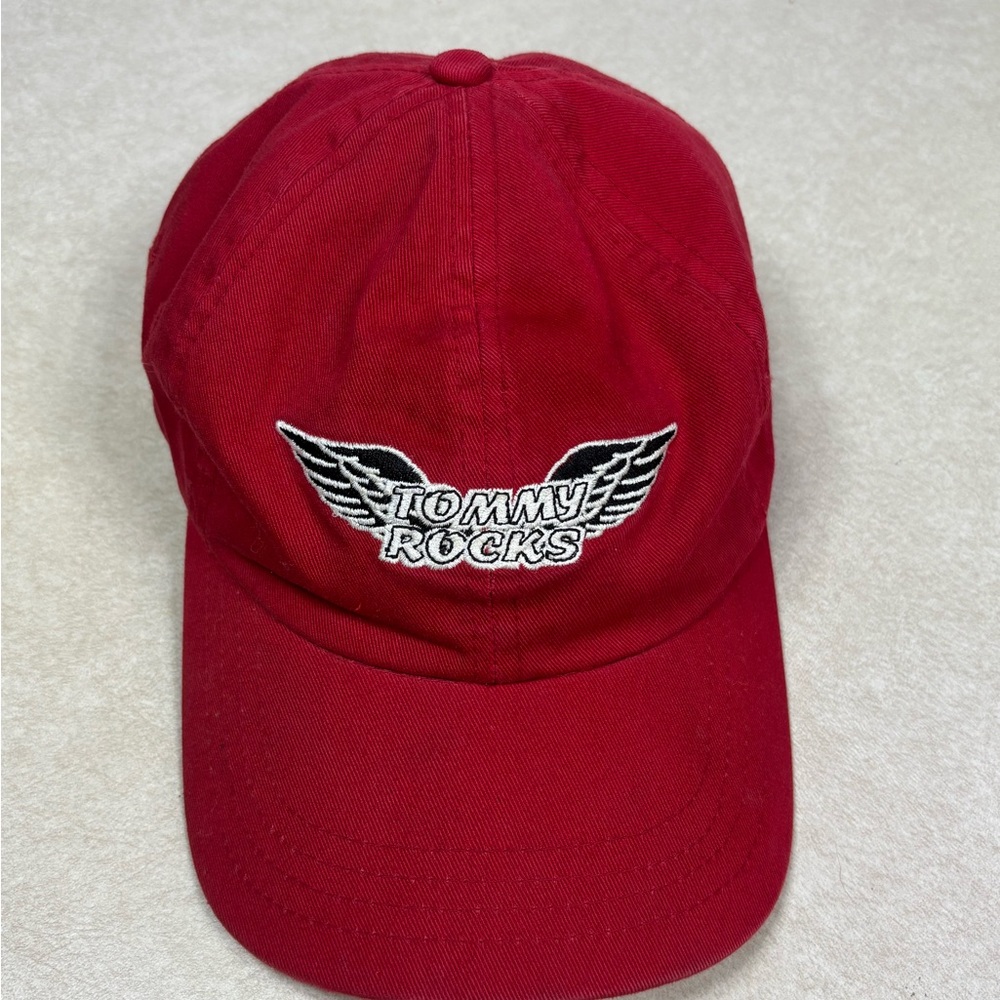 Vintage April 2000 Tommy Hilfiger “Tommy Rocks” Wing Logo Hat Y2K Red Strapback